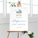 Watercolor Blue Vintage Stroller Boy Baby Shower Poster<br><div class="desc">Welcome guests to your event with this customisable baby shower welcome sign. It features a watercolor illustration of an adorable blue baby stroller. Personalise this baby shower sign by adding your details. This blue baby shower welcome sign is perfect for It's a Boy baby showers.</div>