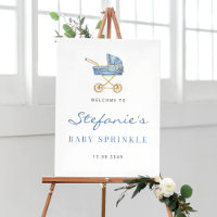 Watercolor Blue Vintage Stroller Boy Baby Sprinkle