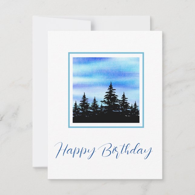 Watercolor Blue Violet Sky & Trees Silhouette Card (Front)