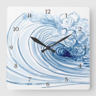 Watercolor Blue Wave Contemporary Modern Decor Square Wall Clock