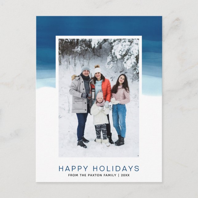 Watercolor Blue Wave Happy Holiday Photo Postcard (Front)