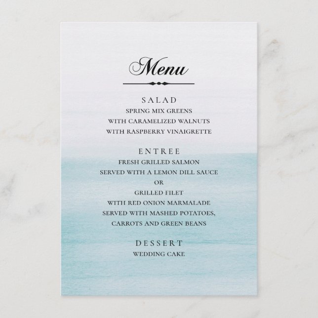 Watercolor blue wedding. Classic elegant nautical Menu (Front)