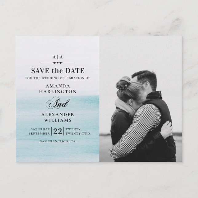 Watercolor blue wedding. Nautical Save the Date Postcard (Front)