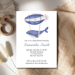 Watercolor Blue Whale Air Balloon Baby Shower Invitation