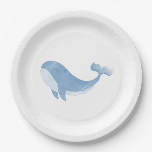 Watercolor Blue Whale Baby Shower Paper Plate