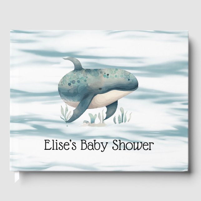Watercolor Blue Whale Boy Baby Shower Guest Book (Front)