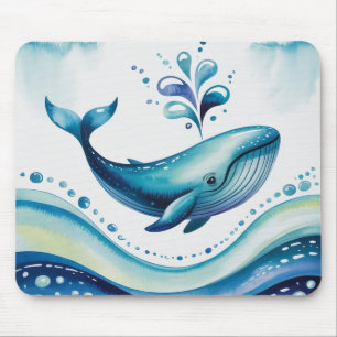 Watercolor Blue Whale & Bubble Dots Mouse Pad