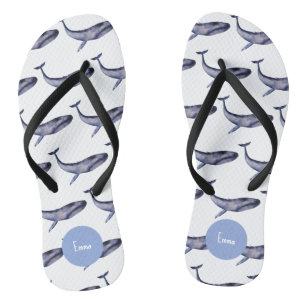 Watercolor blue whale flip flops