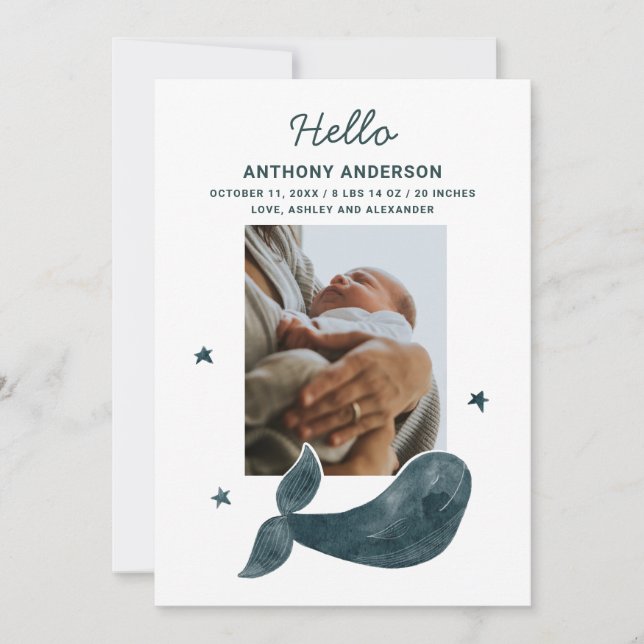 Watercolor blue whale. Nautical animal baby birth Announcement (Front)