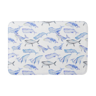 Watercolor Blue Whale Pattern Bath Mat