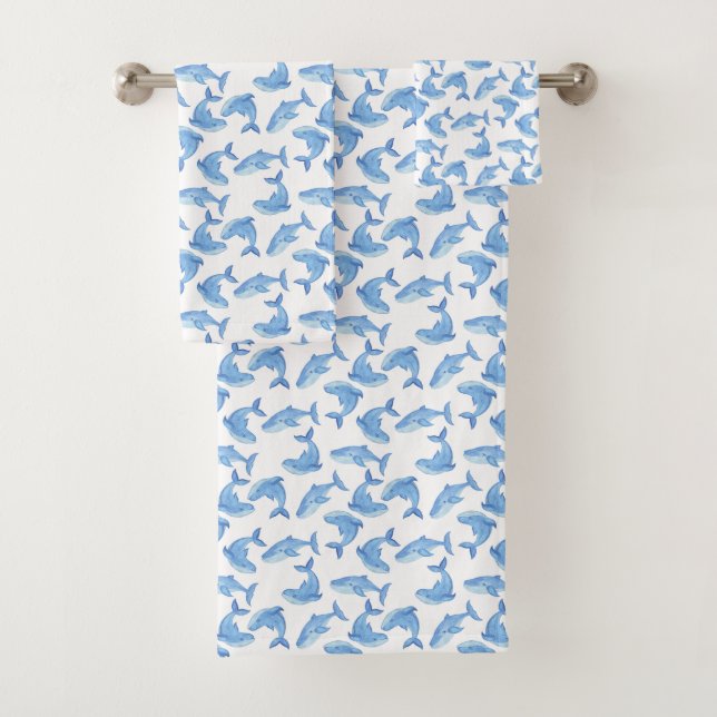 Watercolor Blue Whale Pattern Bath Towel Set (Insitu)