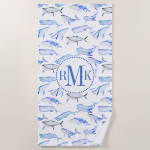 Watercolor Blue Whale Pattern Beach Towel