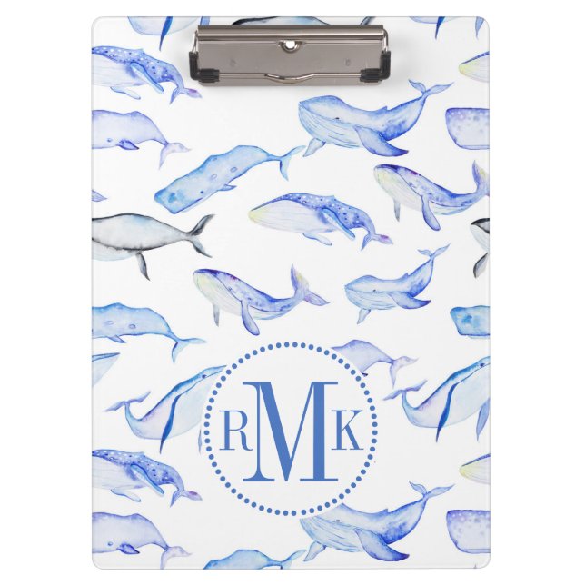 Watercolor Blue Whale Pattern Clipboard (Front)