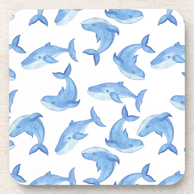 Watercolor Blue Whale Pattern Coaster (Front)