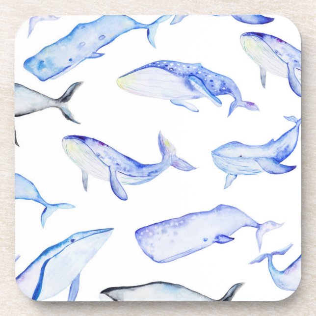 Watercolor Blue Whale Pattern Coaster (Front)
