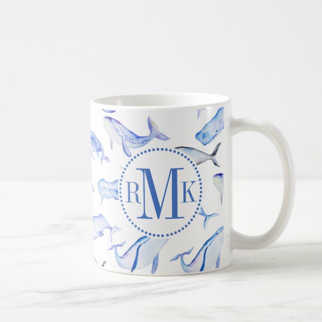 Watercolor Blue Whale Pattern Coffee Mug (Right)