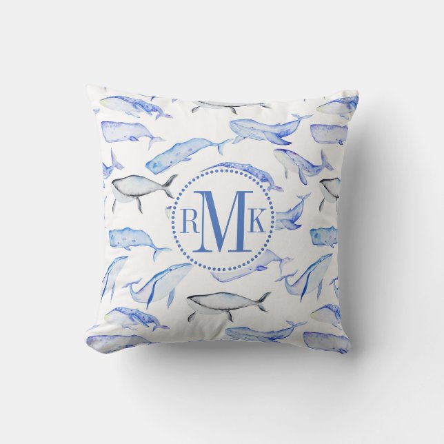 Watercolor Blue Whale Pattern Cushion (Front)