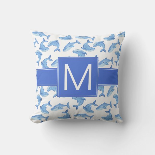 Watercolor Blue Whale Pattern Cushion (Front)