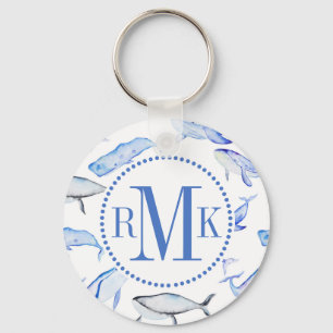 Watercolor Blue Whale Pattern Key Ring
