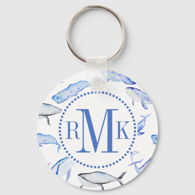 Watercolor Blue Whale Pattern Key Ring (Front)