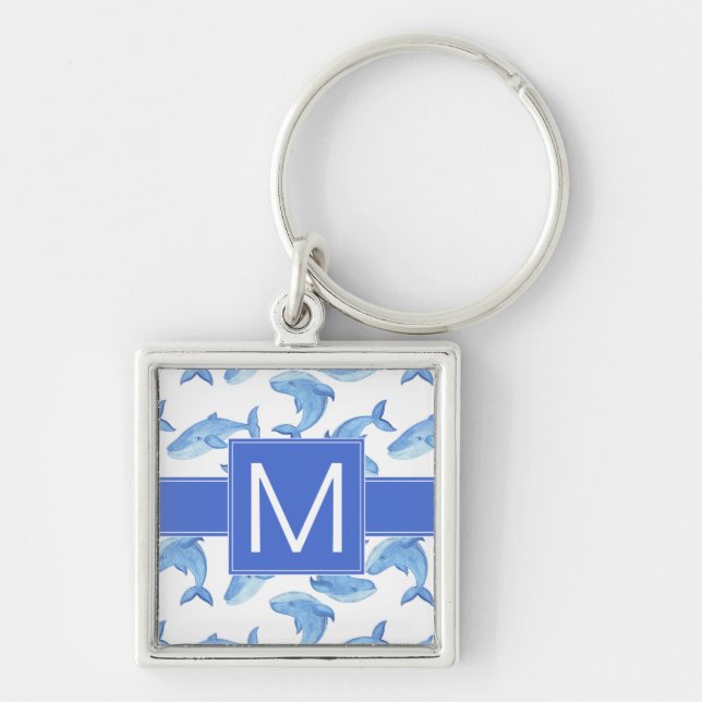 Watercolor Blue Whale Pattern Key Ring (Front)