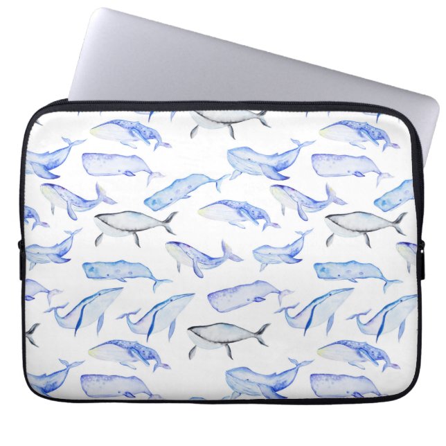 Watercolor Blue Whale Pattern Laptop Sleeve (Front)