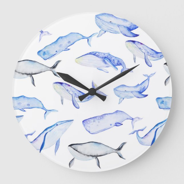 Watercolor Blue Whale Pattern Large Clock (Front)