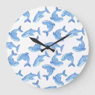 Watercolor Blue Whale Pattern Large Clock