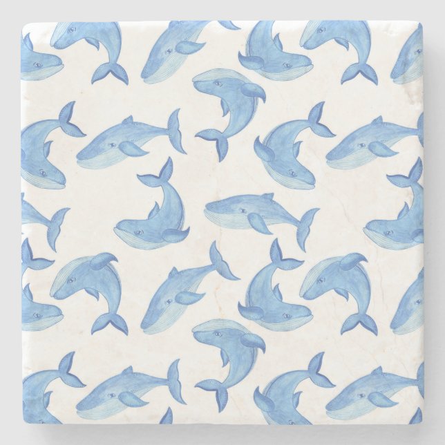 Watercolor Blue Whale Pattern Stone Coaster (Front)