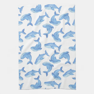 Watercolor Blue Whale Pattern Tea Towel