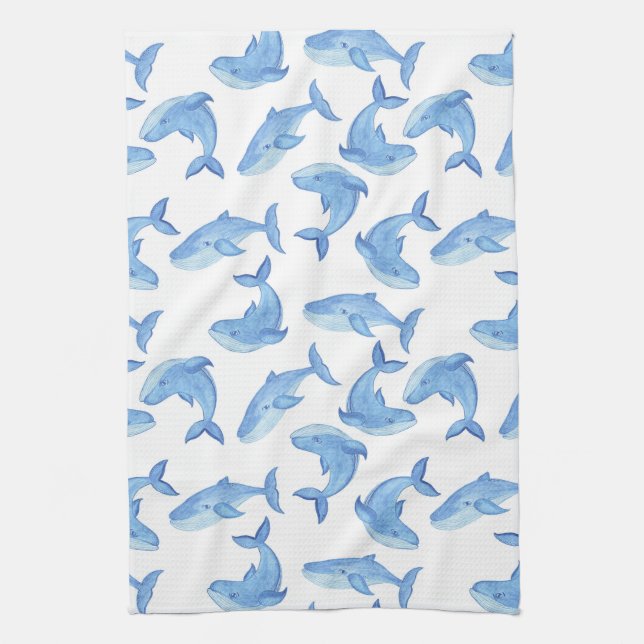 Watercolor Blue Whale Pattern Tea Towel (Vertical)