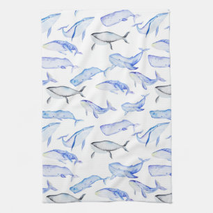 Watercolor Blue Whale Pattern Tea Towel