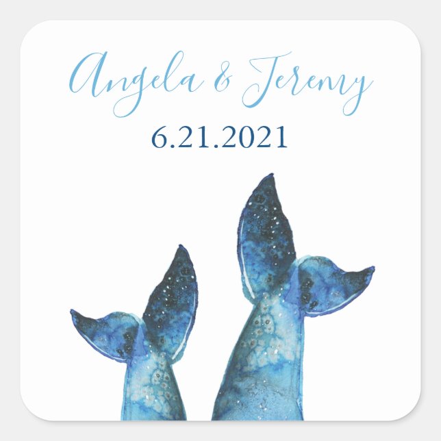 Watercolor Blue Whale Tale Wedding Square Sticker (Front)