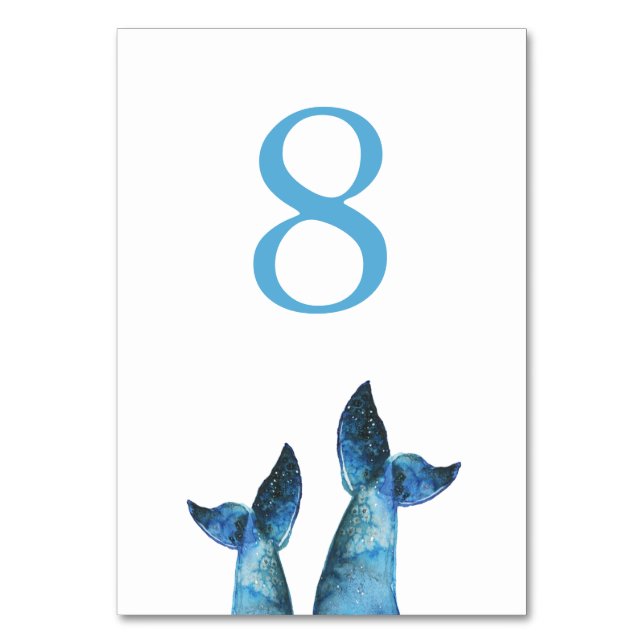 Watercolor Blue Whale Tale Wedding Table Number (Front)