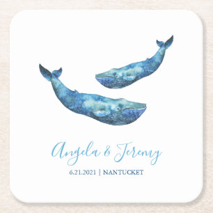 Watercolor Blue Whale Wedding Square Paper Coaster