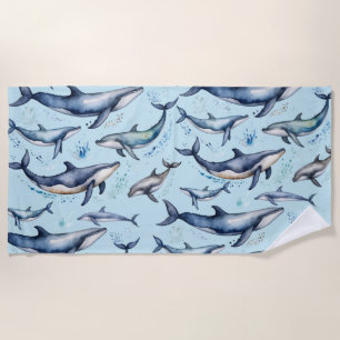 Watercolor Blue Whales and dolphins , sea animal Beach Towel