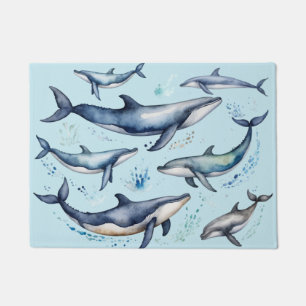 Watercolor Blue Whales and dolphins , sea animal   Doormat