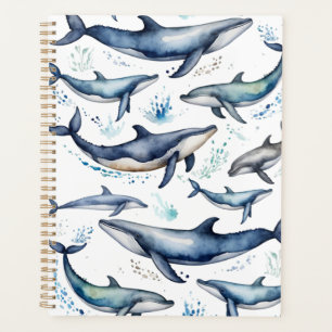 Watercolor Blue Whales and dolphins , sea animal   Planner