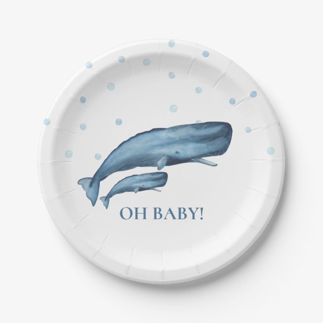 Watercolor Blue Whales & Bubbles Ocean Baby Shower Paper Plate (Front)