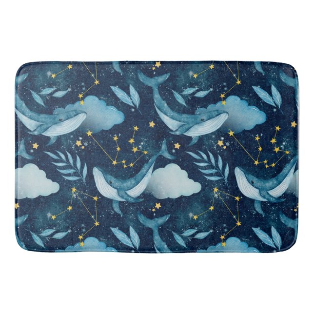 Watercolor Blue Whales Ocean-Themed Bath Mat (Front)