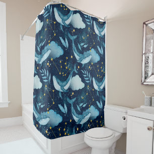 Watercolor Blue Whales Ocean-Themed Shower Curtain
