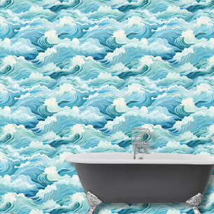 Watercolor Blue White Abstract Sea Waves Coastal Wallpaper