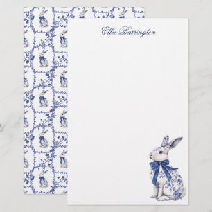 Watercolor Blue & White Chinoiserie Bunny Rabbit Stationery