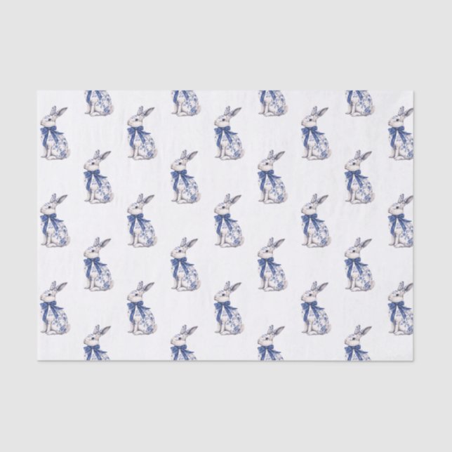 Watercolor Blue & White Chinoiserie Bunny Rabbit Tissue Paper (Front)