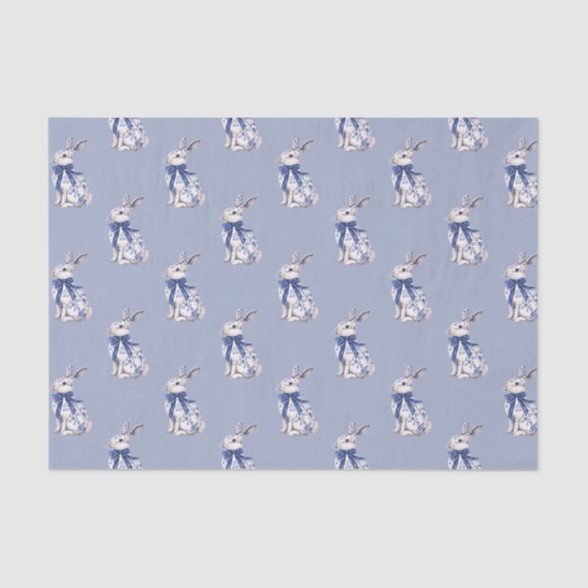 Watercolor Blue & White Chinoiserie Bunny Rabbit Tissue Paper (Front)
