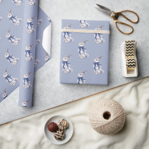 Watercolor Blue & White Chinoiserie Bunny Rabbit Wrapping Paper