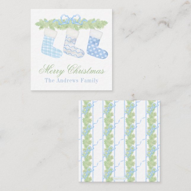 Watercolor Blue & White Christmas Stockings Gift Card (Front/Back)