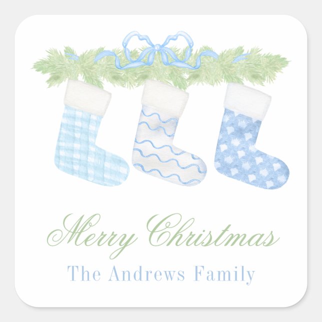 Watercolor Blue & White Christmas Stockings Gift Square Sticker (Front)