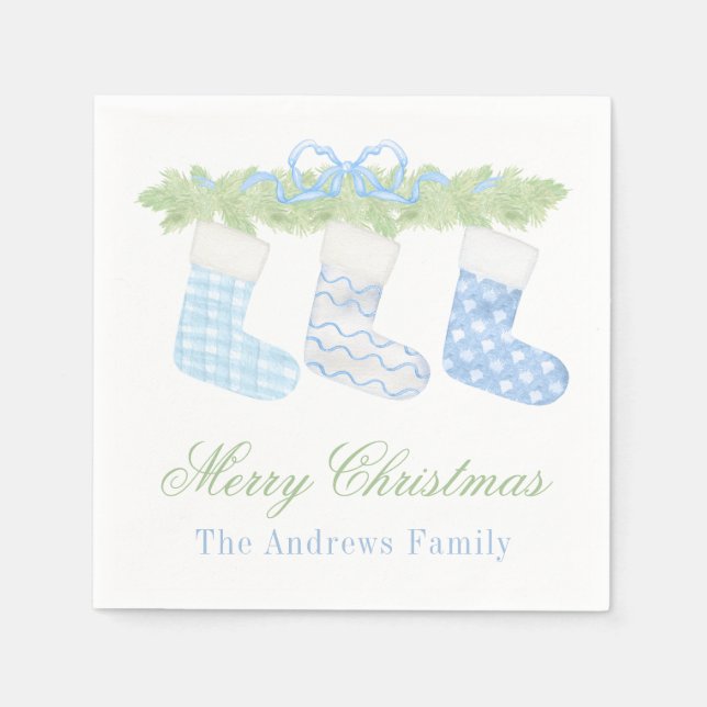 Watercolor Blue & White Christmas Stockings Napkin (Front)