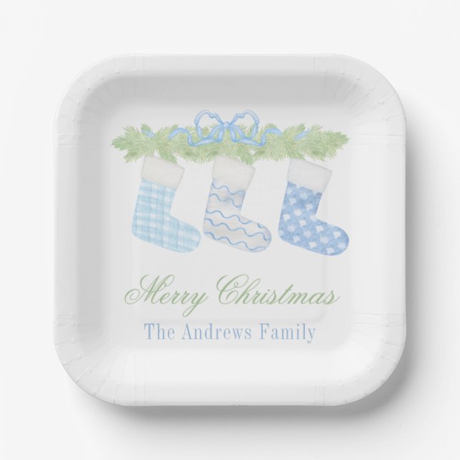 Watercolor Blue & White Christmas Stockings Paper Plate (Front)